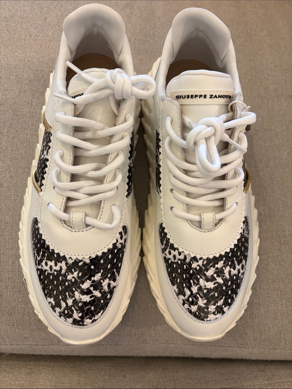 Giuseppe Zanotti White Sneakers with Black Pattern and Gold Accent